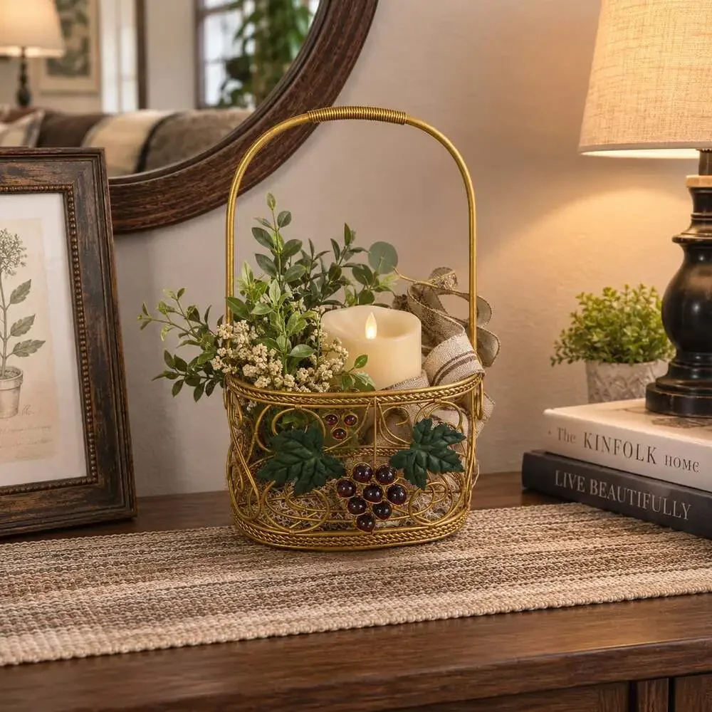 Vintage Gold Tone Metal Wire Basket with Grape and Leaf Accents